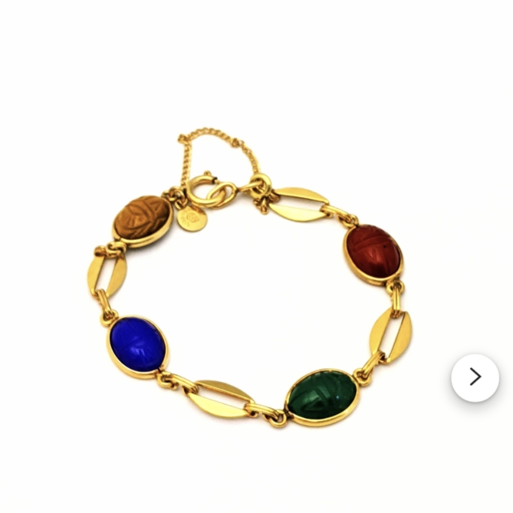 Vintage 60s 70s Carved Scarab Gemstone Link Gold Filled Ladies Bracelet
